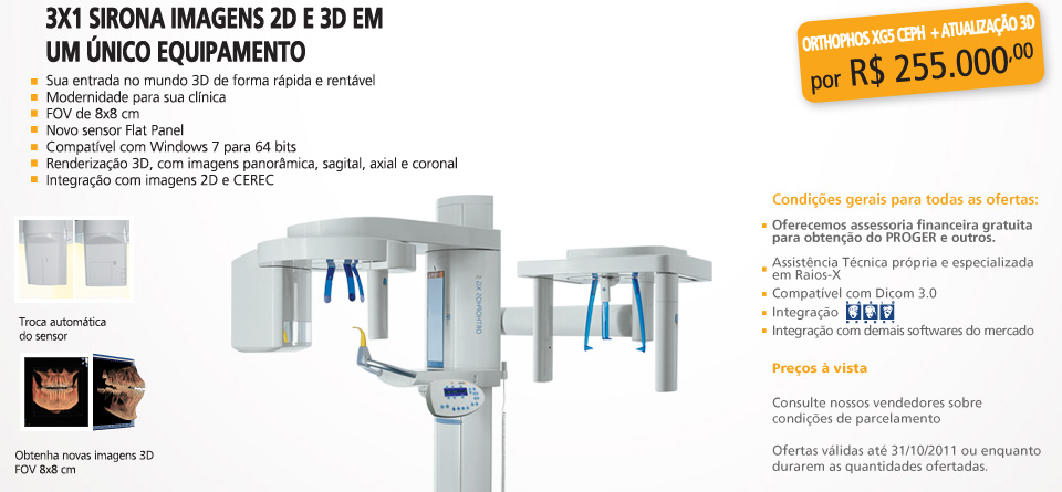  Oferta 3x1 Sirona, Imagens 2D e 3D em um &uacute;nico equipamento. Sua entrada no mundo 3D de forma r&aacute;pida e rent&aacute;vel, Modernidade para sua cl&iacute;nica, FOV de 8x8 cm, Novo sensor Flat Panel, Compat&iacute;vel com Windows 7 para 64 bits, Renderiza&ccedil;&atilde;o 3D, com imagens panor&acirc;mica, sagital, axial e coronal, Integra&ccedil;&atilde;o com imagens 2D e CEREC